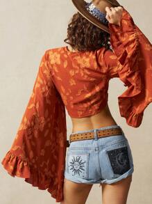 Bohemela 波西米亚风格镂空编织喇叭袖荷叶边下摆前系带女式衬衫 - 橘色 - 查看 7