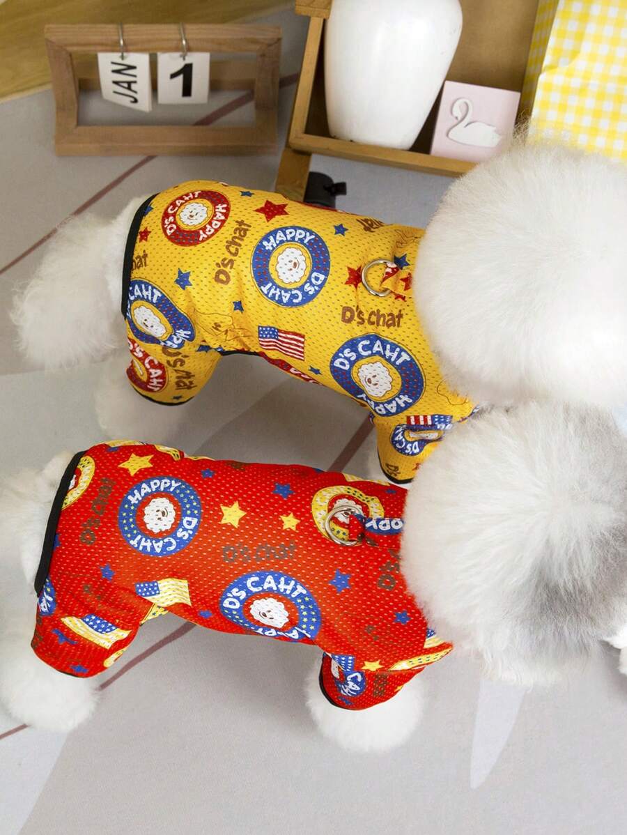 PETSIN Yellow Spring/Summer Cute HAPPYCHAT & American Flag Pattern Breathable Mesh Hollow Out Romper Clothes Suitable For Small & Medium Dogs & Cats - Yellow - View 1