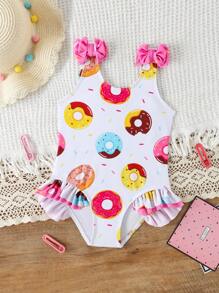 SHEIN 1pc Girls' One-Piece Swimsuit With Random Floral Print & Ruffled Trim - Multicolor - View 1