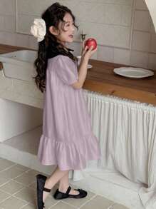 Dazy Kids Tween Girl Color Block Doll Face Bow Decor Woven Short Sleeve Dress, Summer,Back To School Clothes - Purple - View 5