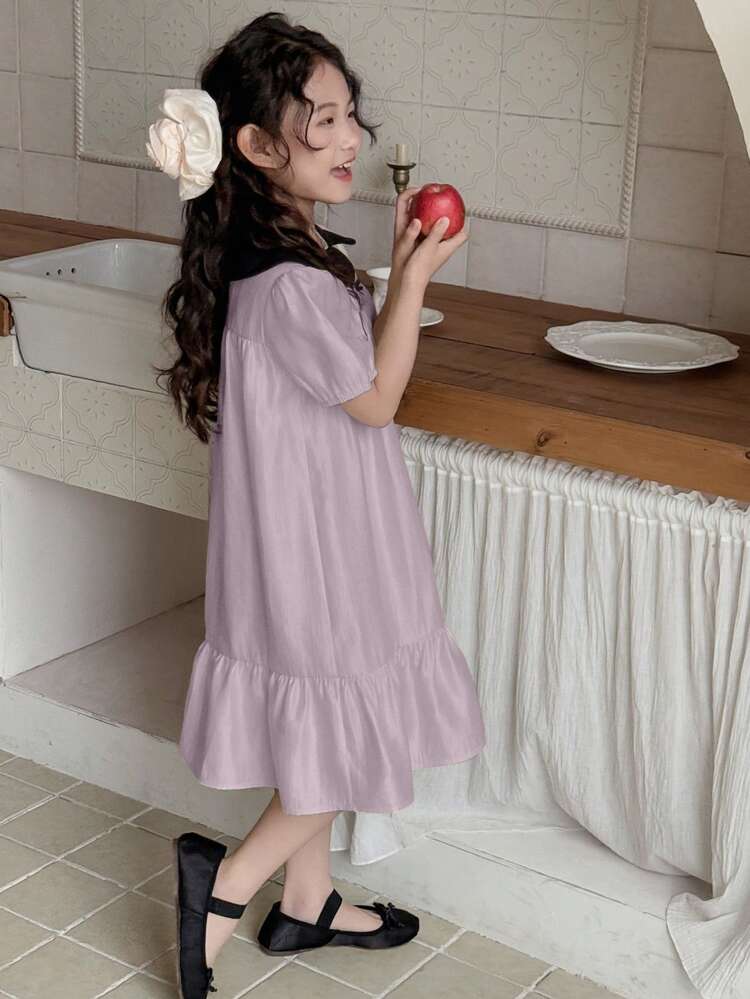 Tween Girl Color Block Doll Face Bow Decor Woven Short Sleeve Dress, Summer,Back To School Clothes