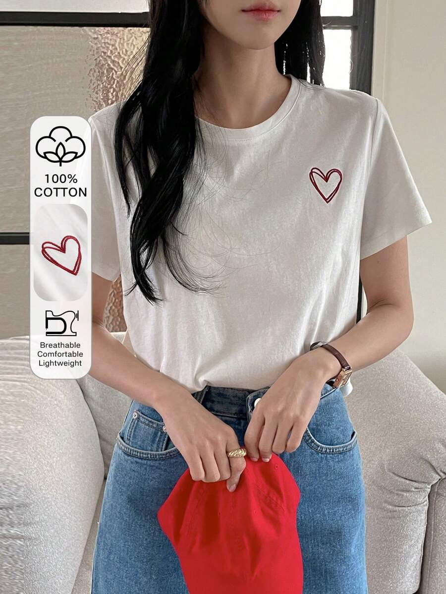DAZY Women's Heart Print Short Sleeve T-Shirt Valentine's Day