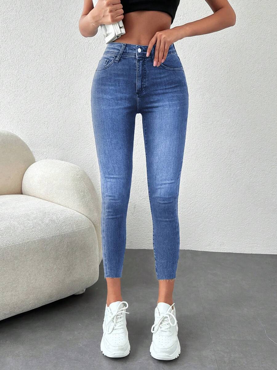 EURMUSE Raw Hem Skinny Cropped Jeans - Medium Wash - View 1