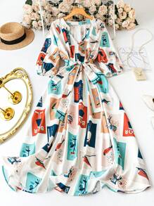 SHEIN LUNE Plus Size Elegant Chic Colorful Print V-Neck Midi Dress With Belt, Slimming Design - Multicolor - View 3