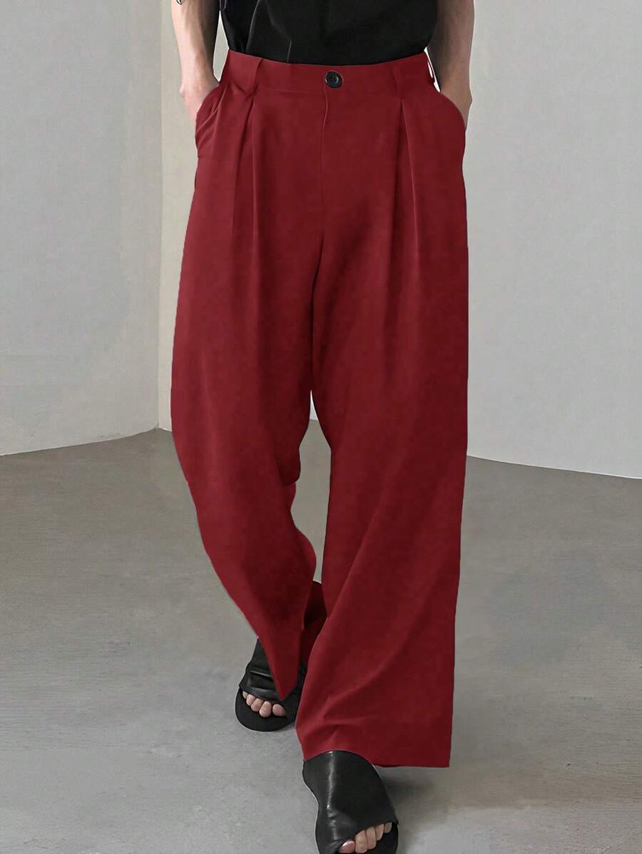 Manfinity Hypemode Loose Fit Men's Pleated Wide Leg Pants - Burgundy - View 1