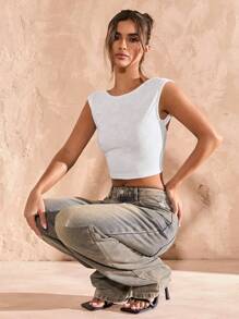 SHEIN BAE Women's Spring And Summer Daily Casual Street Minimalist Beach Music Festival Sexy Backless Sleeveless Strappy Going Out Summer Tops,Summer Tops,Rave Top,Concert Women