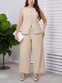 SHEIN Clasi 2 件套加大码纯色前扣无袖上衣和长裤套装 - 杏色 - 查看 7