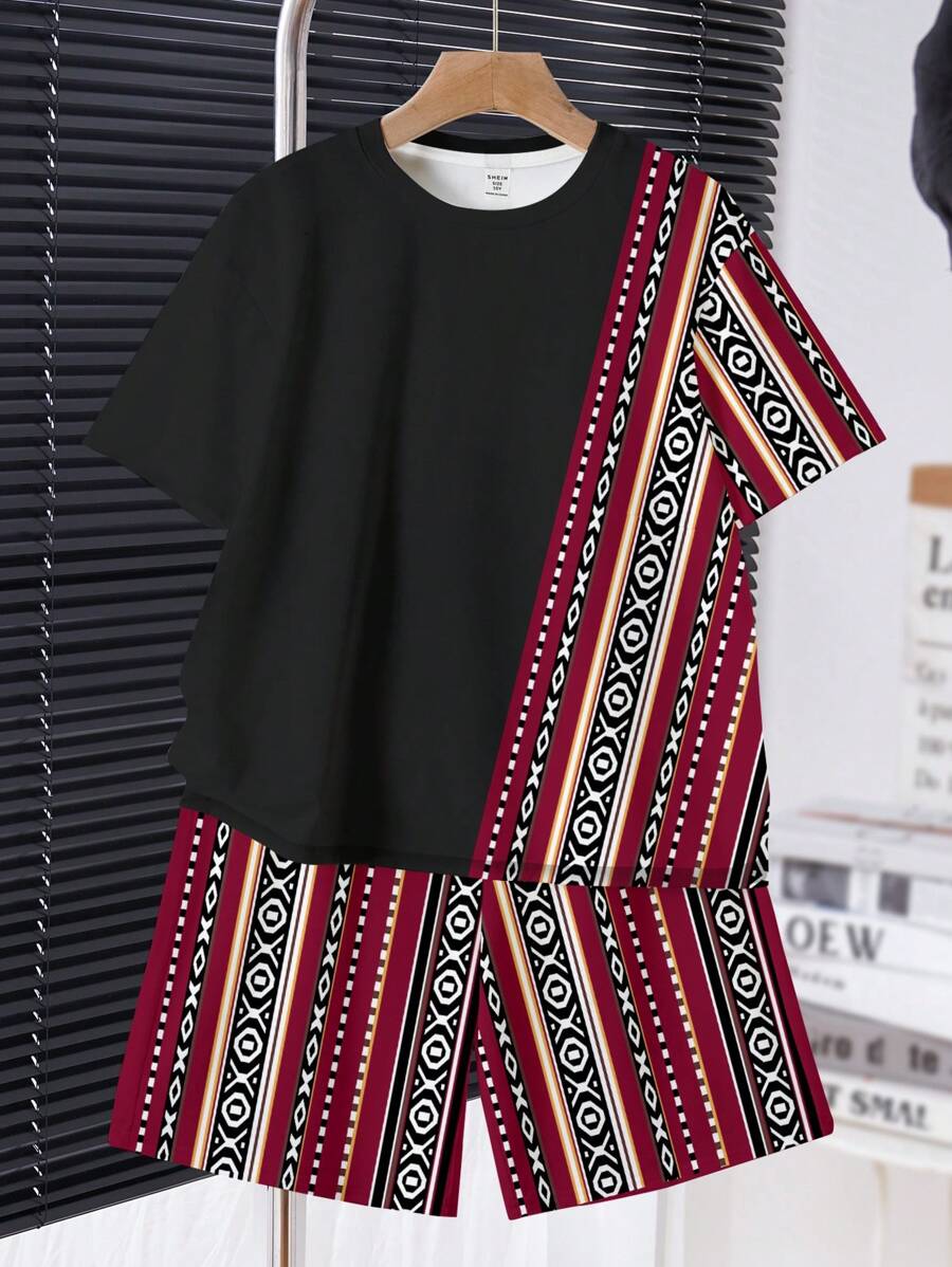 SHEIN 2pcs Tween Boys Casual Classic Retro Rhombus Pattern Patchwork Print Crew Neck Shirt And Shorts Set, Summer - Multicolor - View 1