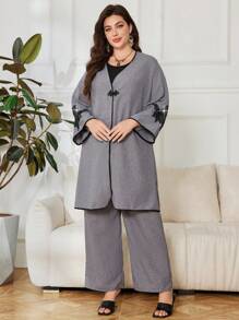 Lacomfia Plus Size 2Pcs/Set Solid Color Jacket And Trousers, Casual And Fashionable For Daily Wear - Grey - View 7
