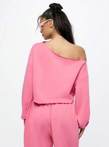 SUMWON WOMEN Off Shoulder Cropped Sweatshirt Oversized Loungewear Athleisure Casual Long Sleeve Top Fall Winter Fashion Streetwear Cozy Sporty Athletic Workout Apparel - Pink - View 2
