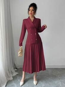 Elenzga 女士优雅通勤翻领双排扣收腰褶边长袖长裙，春/秋/冬长款女装