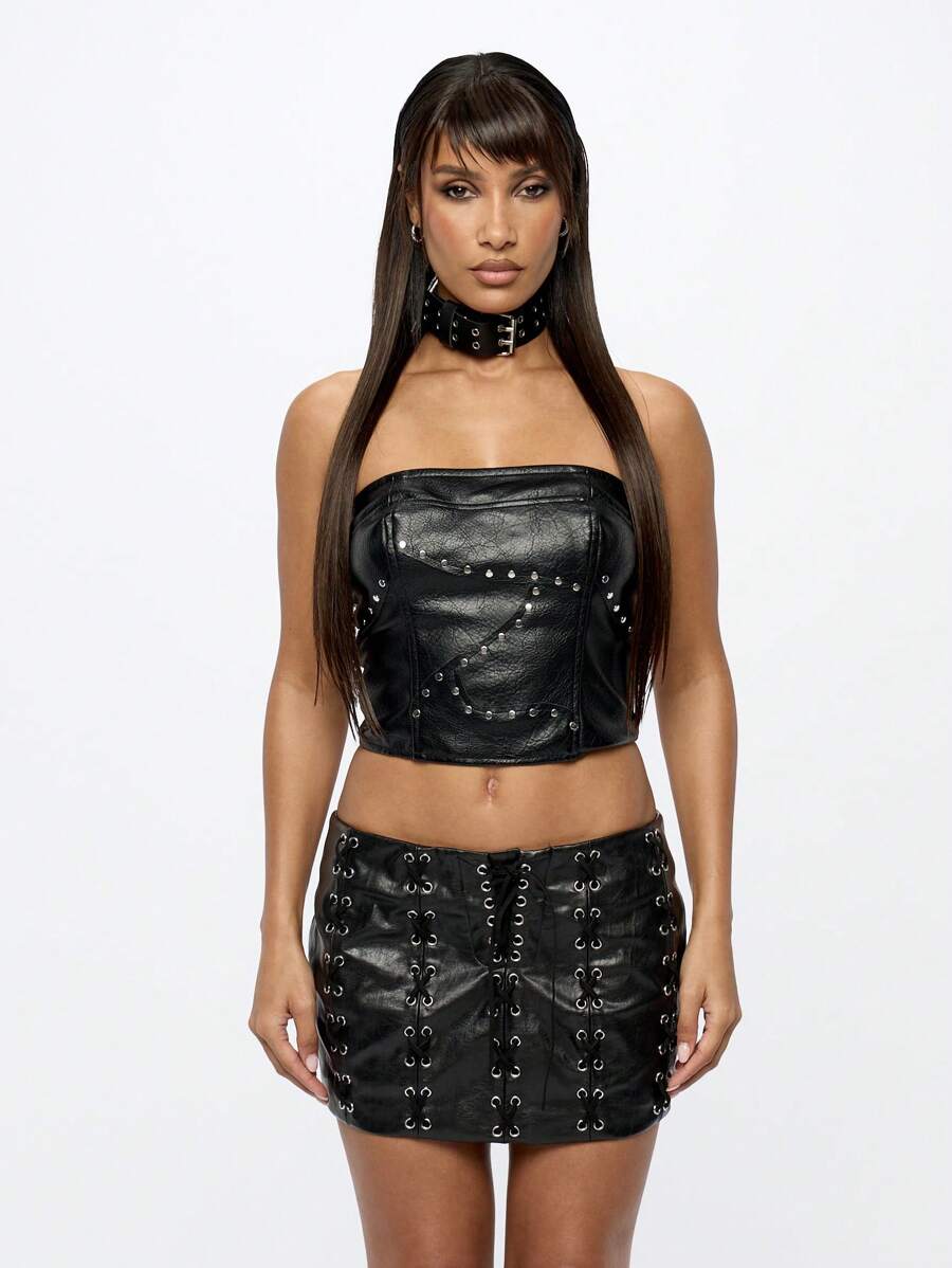 SUMWON WOMEN Studded Faux Leather Bandeau Crop Top Festival Club Party Strapless Bustier Evening Wear Corset Style Clubwear