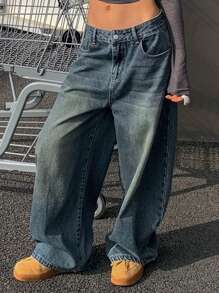 DAZY Vintage Loose Street Wash Faded Wide-Leg Women Baggy Jeans Y2k