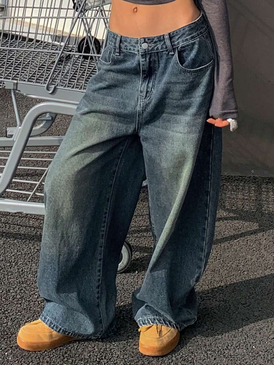 Livesso 复古宽松街头水洗褪色阔腿女式宽松牛仔裤 Y2k - 深色水洗藍 - 查看 1