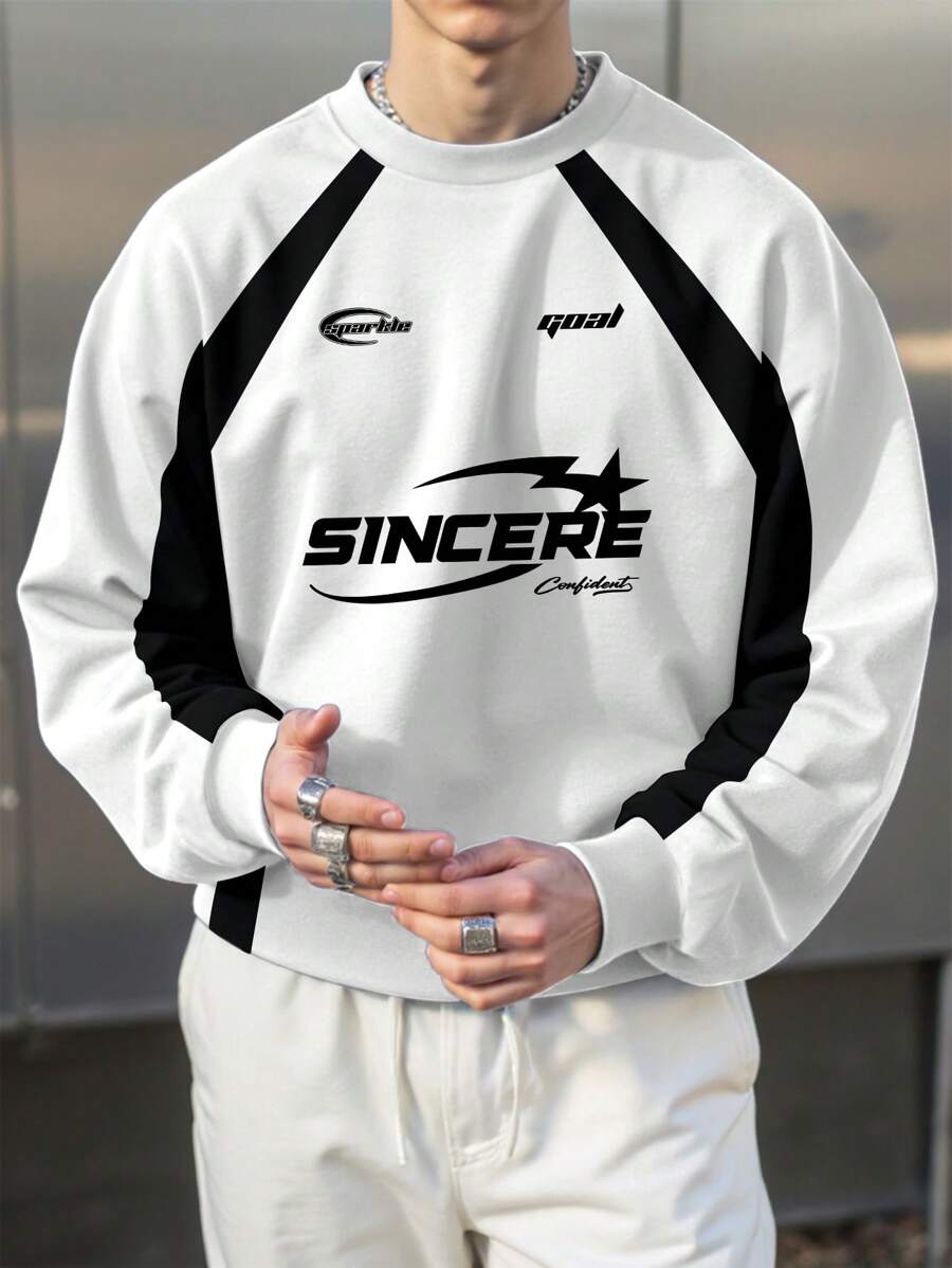 Manfinity Roghcode Men's Casual Raglan Long Sleeve Pullover Sweatshirt With Letter And Star Print, Autumn - White - View 1