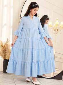 SHEIN Tween Girl Loose V-Neck Layered Textured 3/4 Sleeve A-Line Dress - Baby Blue - View 1