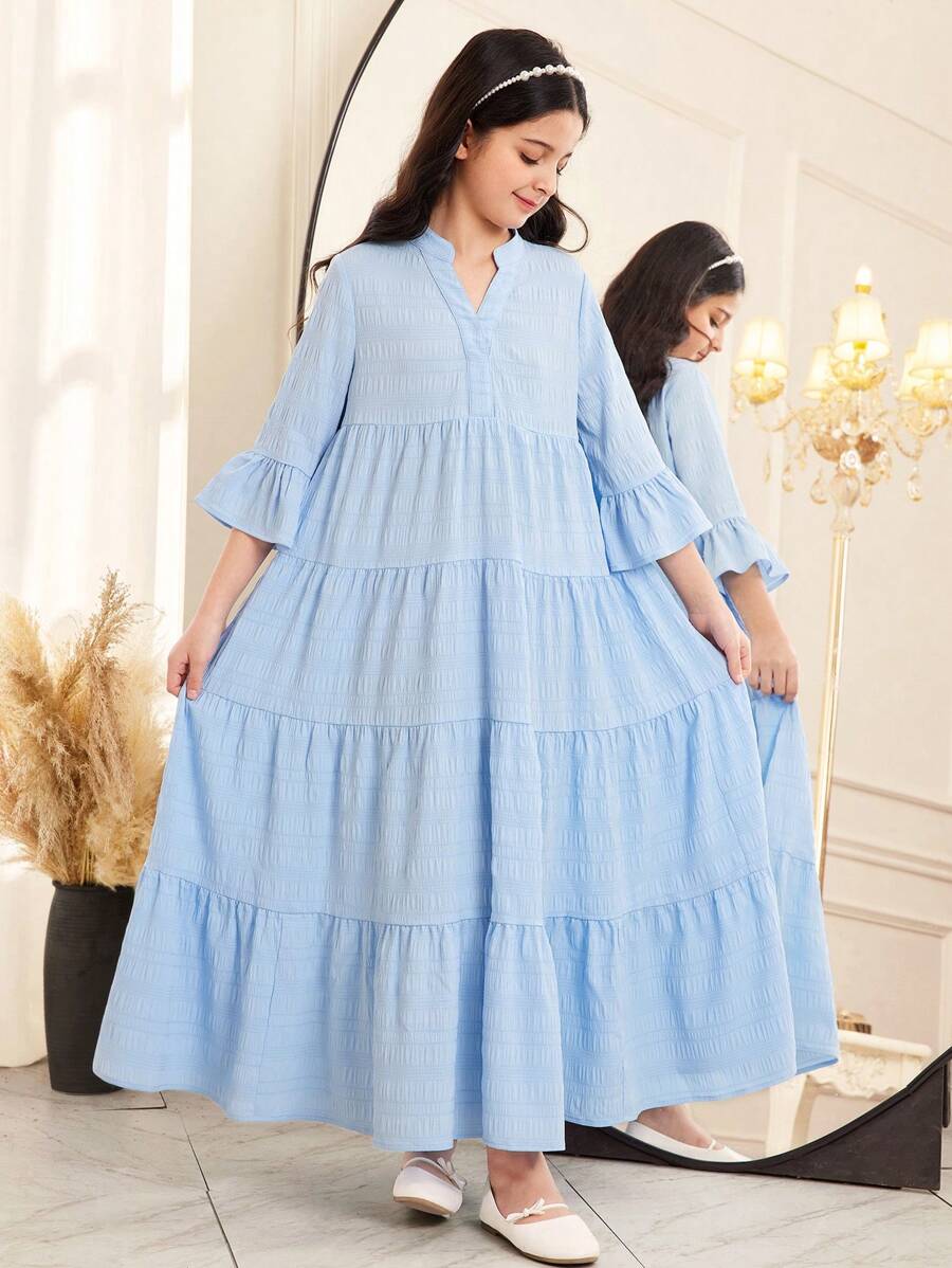 SHEIN Tween Girl Loose V-Neck Layered Textured 3/4 Sleeve A-Line Dress - Baby Blue - View 1