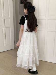 DAZY 青少年女孩纯色撞色蕾丝荷叶边下摆连体连衣裙，女孩夏季服装，返校服装 - 白色 - 查看 5