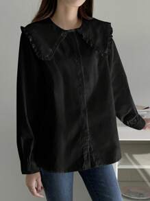 DAZY Camisa de manga larga con cuello Peter Pan, de corte holgado y unicolor, estilo casual de negocios, ropa de otoño - Negro - Ver 3