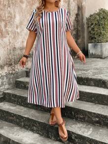 EMERY ROSE 大码女式拼色条纹圆领连衣裙 - 彩色 - 查看 3