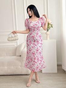 DAZY 女士方领短袖全印花连衣裙花卉太阳裙 - 粉色 - 查看 4