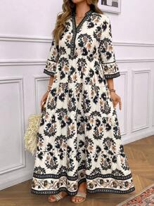 SHEIN LUNE Plus Size Women Floral Print V-Neck 3/4 Ruffle Sleeve Casual Vacation Dress Sun Dress Holiday Festival
