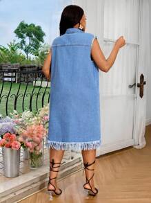 Slaydiva Chaqueta vaquera larga con efecto desgastado y estilo bohemio en talla grande - Azul lavado medio - Ver 2