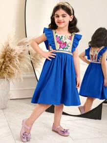SHEIN Young Girl's Woven Color-Block Ditsy Floral Collared Ruffle Hem Fitted Dress - Blue - View 4