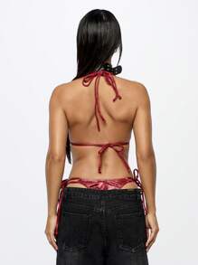 SUMWON WOMEN Metallic Snake Print Two-Piece Bikini Set Summer Beach Swimsuit High Cut String Side-Tie Bottom Halter Top Beachwear Pool Party Festival Vacation Swimwear