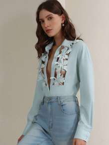 Anewsta Women's Modern Commute 3D Floral Hollow-Out Blue Blouse, Suitable For Festival Going Out And Business Casual - Baby Blue - View 6
