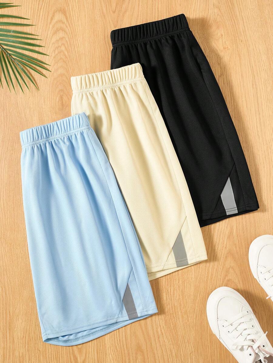 SHEIN 3 Peças Conjunto de Shorts Casuais com Fita Reflexiva para Meninos Adolescentes, Preto/Cinza/Azul, Roupas Esportivas e de Descanso - Damasco - Visão 1
