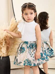 SHEIN Leap Crew Baby Girl Floral Print Ruffle Hem Top & Skirt 2pcs Sets, Summer