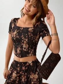 SHEIN LUNE 2pcs Black Floral Summer Boho Vacation Holiday Western American Countryside Print Set,Ladies Chic Hippie Clothes,Women Bohemia Two Pieces Set - Black - View 3