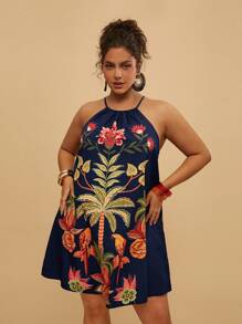 Travachic Plus Size Loose Off Shoulder Printed Casual Mini Dress For Women - Navy Blue - View 6