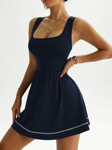 Easithlete 女士性感交叉露背运动连衣裙 - 藏蓝色 - 查看 4