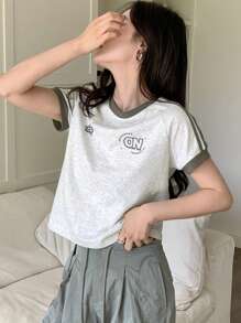 DAZY Women's Summer Casual Short Sleeve T-Shirt With Letter Print And Raglan Sleeve,Crop Tops Women - Grey - View 3