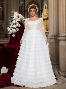 Glamrae 大码优雅白色对比心形领长袖透明刺绣拼布薄纱 A 字型婚纱 - 白色 - 查看 8