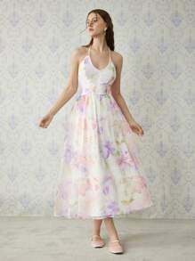 SHEIN MOD Women Spring Floral Print Organza Dress, Bachelorette Backles Sexy Sheer Elegant Dress For Party Wedding Guest,Tea Party, Modest Club Outfit - Multicolor - View 6