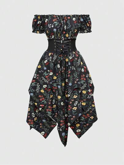 Goth Vestido de mujer con estampado floral, cintura con nudo, hombros descubiertos, mangas abullonadas y bajo asimétrico