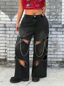 SHEIN ICON Black Rivet Chain Hollow Non-Stretch Denim Jeans