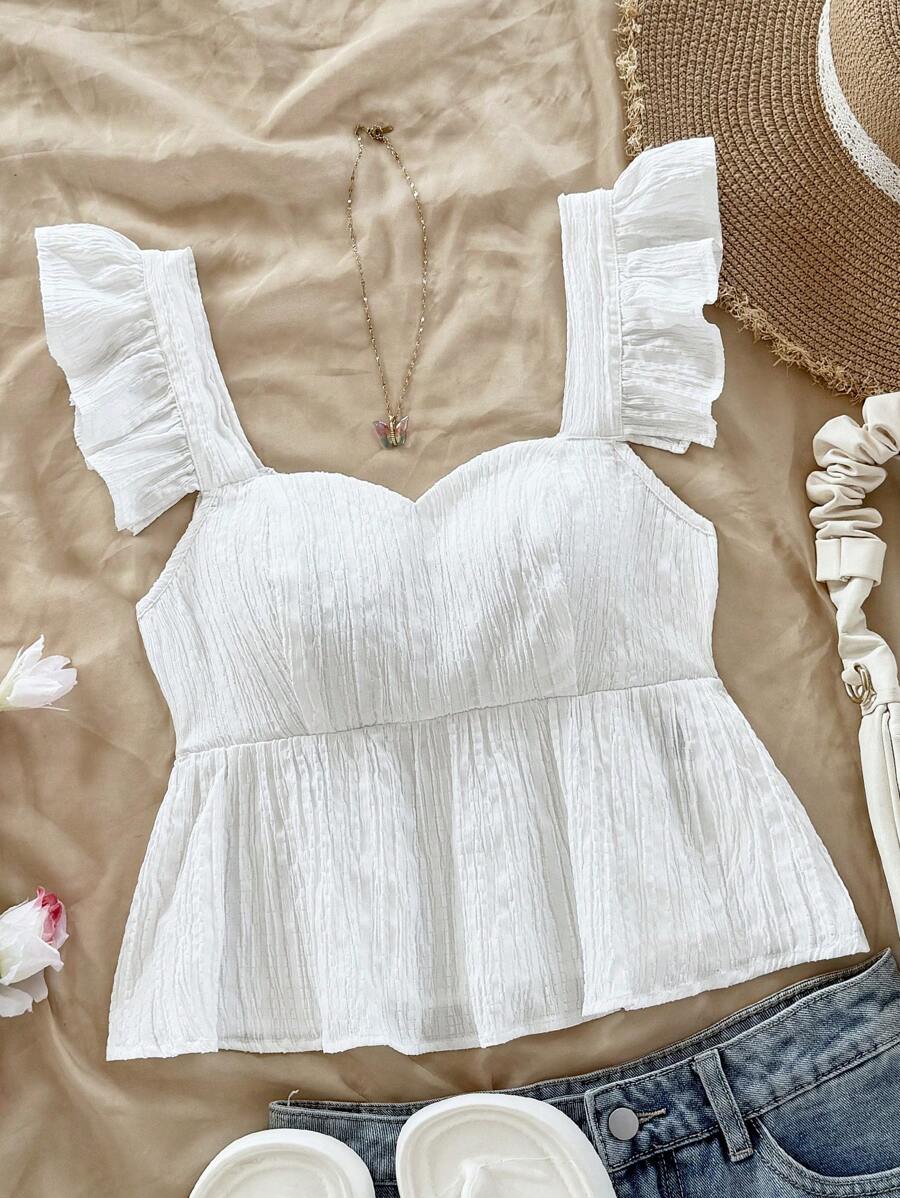 Soleia 女士盖袖 A 字型纹理面料衬衫，上衣适合度假、音乐节、波西米亚风、假日、约会、下午茶、春夏季 - 白色 - 查看 1