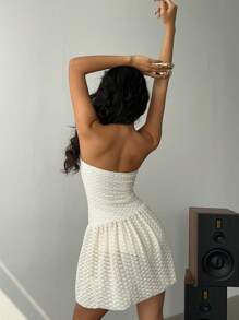 SHEIN Essnce 2025 Summer Essentials For Women - Beige Lace Bandeau Strapless White Mini Dress With Bow Detail & Bubble Hem, Casual Chic Day To Night Outfits, Versatile Beachwear & Street Style Dress, Summer Vacation Outfits For Date Nights, Pool Parties, Daily Wear