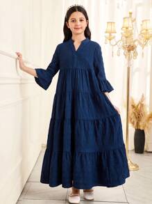 SHEIN Tween Girl Loose V-Neck Layered Textured Fabric 3/4 Sleeve A-Line Dress - Navy Blue - View 3