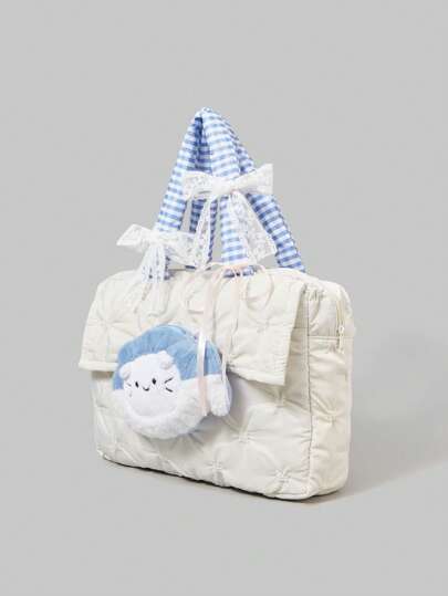 Kawaii Cat Eating Fish Pattern Laptop Bag, Casual Minimalist Organizer Bag For Everyday Use