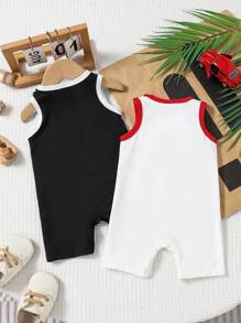 2 件装新生儿夏季复古老式汽车印花无袖连体衣套装 - 彩色 - 查看 2