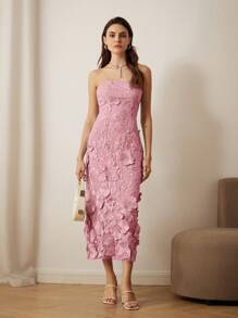 GENKIRA 女士派对约会 3D 花卉刺绣露肩中长连衣裙 - 粉色 - 查看 2