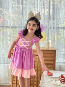 Dozemod Young Girl Girls Cute Minimalist Square Collar Cross Ribbon Decor Contrast Color Stitching Knit Nightgown, Princess Style, Wedding Flower Girl Graduation Dress - Purple - View 3