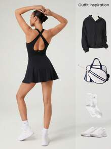 GLOWMODE Vestido con shorts incorporados, de efecto escotado, con tirantes cruzados, cintura con cordón y copas incorporadas FeatherFit™-Air, para uso casual, activo y de tenis de bajo impacto