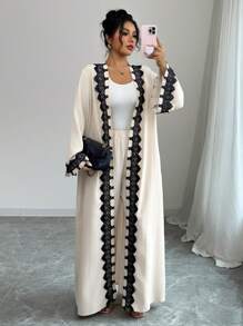 Elenzga 2pcs Set Lace Patchwork Open Front Long Jacket And Pants, Lightweight Fall Cloth For Women - Multicolor - View 3