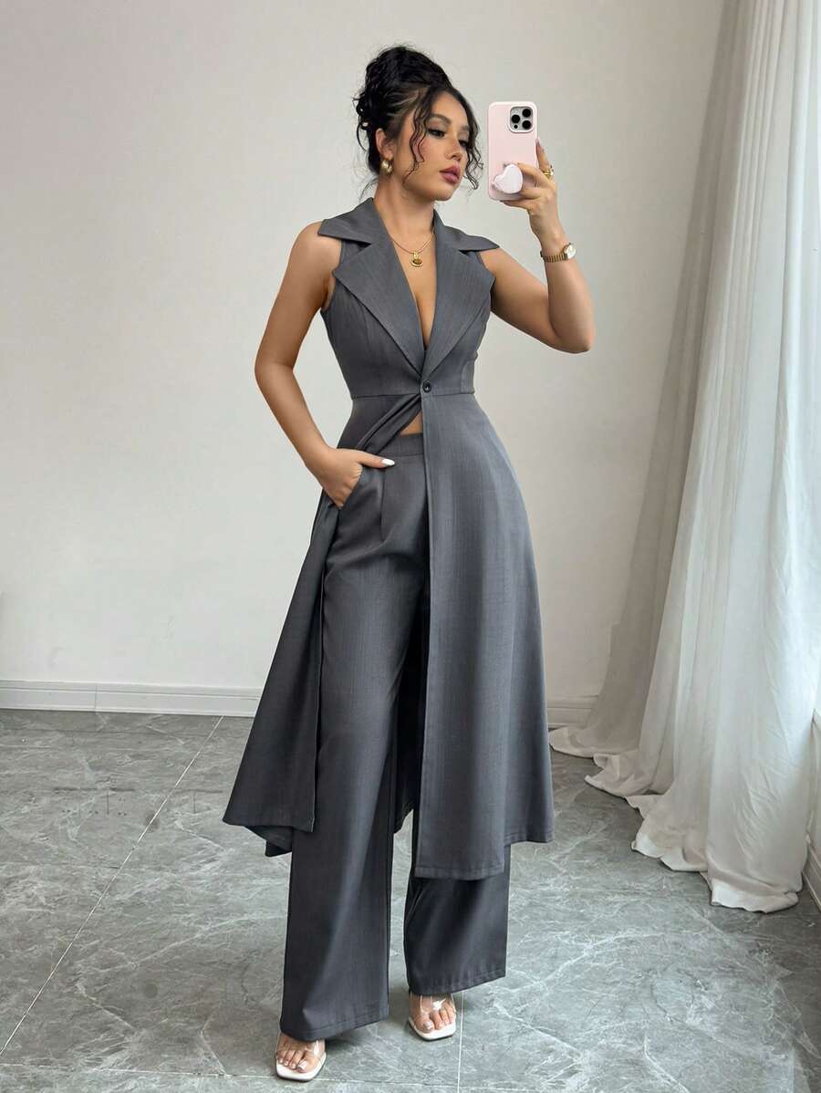 Selianne Set med 2 delar: Elegant ärmlöst stativ, krage med snäv midja A-linje lång kofta och byxor - Grå - Visa 1